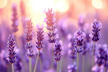 Obraz premium Sunlit lavender spikes with delicate purple blossoms and slender green stems against warm golden bokeh, creating a tranquil, dreamy atmosphere