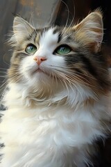 close-up of a fluffy long-haired cat with tufted ears and a soft white ruff, calm and regal expression in warm soft light