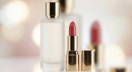 Luxury cosmetic products featuring a frosted fragrance bottle and vibrant red lipstick are displayed against a soft background.