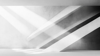 Empty minimalist concrete interior with diagonal floating ramps and shafts of sunlight casting dramatic shadows, calm and contemplative atmosphere