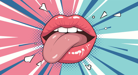 Pop art illustration of a woman's glossy pink lips with teeth and tongue sticking out, against a vibrant split pink and blue background.