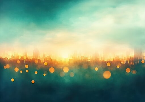 dreamy blurred city skyline at sunrise with warm golden bokeh lights, misty teal sky and soft glowing horizon conveying calm hopeful serenity