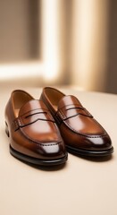 Polished brown leather slip-on loafers are displayed on a light surface with soft background lighting.