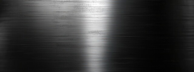 Brushed metal panel with horizontal grain, central vertical reflection and dark edges conveying sleek industrial coolness