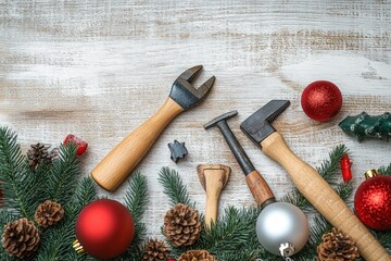 Rustic holiday workshop flat lay with wooden-handled wrench, hammers and mallet, metal star cutter, pine branches, pine cones and red and silver ornaments conveying cozy festive DIY spirit