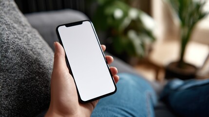 Person holding smartphone with blank white screen indoors on couch.