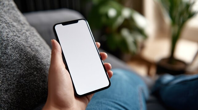 Person holding smartphone with blank white screen indoors on couch.