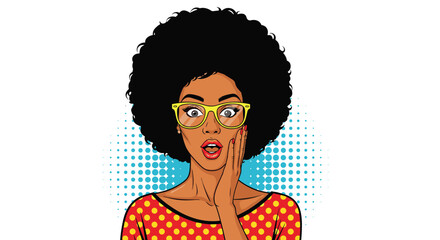 An amazed Black woman in pop art style wears yellow glasses and a red polka-dot shirt, expressing shock with her hand on her face.