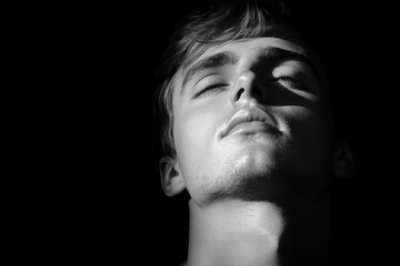 Moody black and white close-up of jawline, chin, neck, ear and hair with dramatic high-contrast lighting, tactile skin texture and a contemplative, mysterious atmosphere