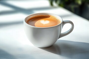 white ceramic cup of latte with heart foam on sunlit white table casting soft window shadows, cozy calm morning vibe with blurred plant in background