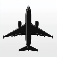Top-down silhouette of a twin-engine commercial jet airplane with swept wings and tail on a light gradient background, sleek and powerful