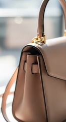 Close up view captures the fine details of a structured leather handbag in soft light