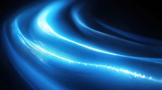 glowing blue ribbons of light with sparkling particles flowing across a dark background, conveying a serene futuristic motion and fluid energy