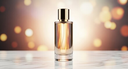 Elegant glass fragrance bottle rests on a polished surface with soft bokeh lighting in the background.