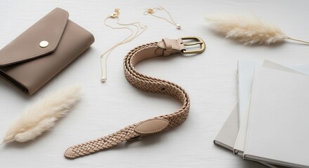 Assortment of neutral toned fashion accessories and decorative grasses arranged on a light surface