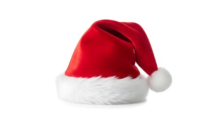 A classic vibrant red Santa hat, adorned with a soft white fluffy trim and pompom, stands ready for festive holiday celebrations.