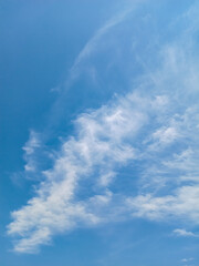 Soft, wispy clouds stretch across a bright blue sky, creating a calm and airy atmosphere. The light cloud patterns add a peaceful and natural feel, perfect for backgrounds or serene nature themes.
