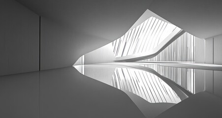Monochrome minimalist interior with sweeping curved skylight, slatted light beams and mirrored glossy floor reflecting abstract architectural forms, serene and futuristic