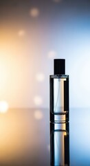 Clear glass cosmetic container stands against a softly illuminated background with warm and cool tones