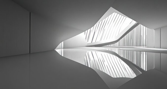 Monochrome minimalist interior with sweeping curved skylight, slatted light beams and mirrored glossy floor reflecting abstract architectural forms, serene and futuristic