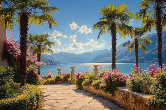Sunlit stone terrace and winding path lined with palm trees and vibrant flowering bushes overlooking a calm alpine lake and distant mountains under a bright blue sky, peaceful and serene - Powered by Adobe