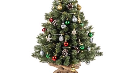 A beautifully decorated miniature Christmas tree adorned with colorful ornaments and twinkling lights, symbolizing joyous holiday celebrations.