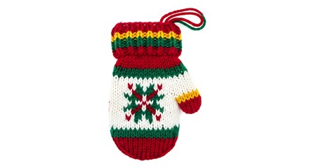 A charming knitted Christmas mitten ornament, featuring traditional festive colors and a delicate snowflake pattern, perfect for holiday decoration.