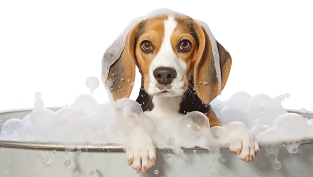 Beagle Dog in Soapy Bath: Pet Grooming & Washing on transparent background png