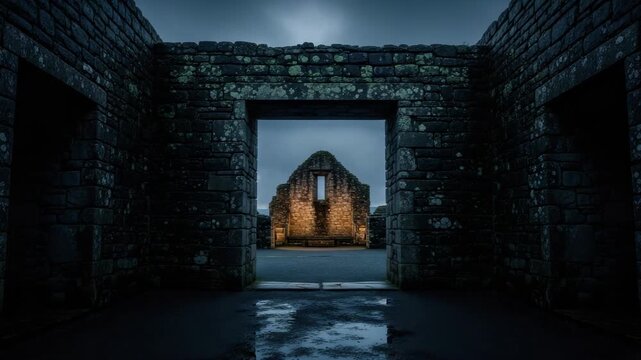Panoramic composite of ancient stone ruins at twilight with multiple doorways. A mysterious illuminated path through a dark medieval fortress with wet ground reflections