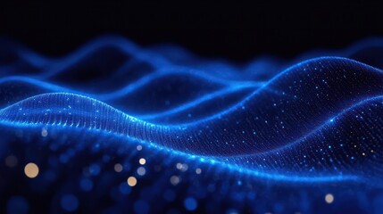 Glowing blue particle mesh forming undulating waves on a dark background dotted with soft bokeh lights, evoking a serene futuristic flow