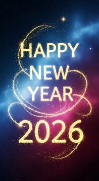 Happy New Year 2026.Happy new year 2026 text with glowing festive spiral and bokeh effect isolated on transparent background