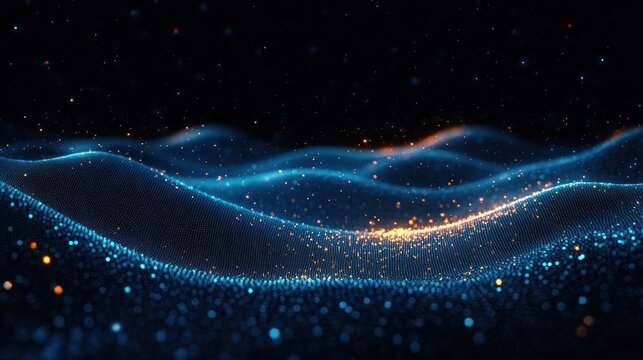 undulating blue dotted mesh waves with glowing orange sparks over a dark starry background, serene futuristic particle landscape
