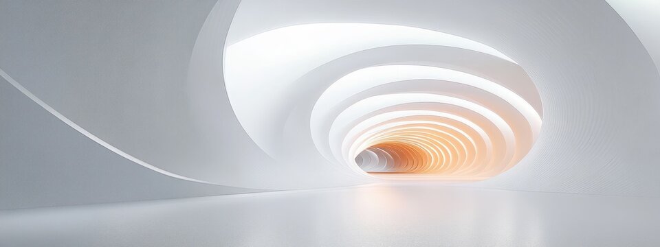 minimalist white curved tunnel with concentric oval arches and warm orange glowing center, reflective smooth floor and soft ambient light conveying calm futuristic serenity - Powered by Adobe