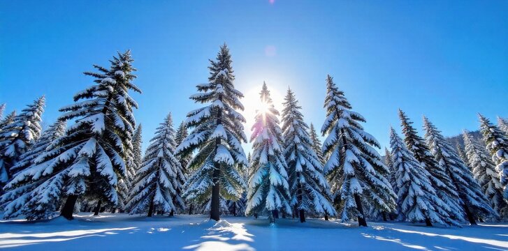Winter Christmas Landscape with Snow A serene winter landscape on Christmas morning. Snow covered pine trees stand tall in a quiet forest. Soft, golden sunlight filters through the branches, - Powered by Adobe