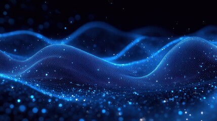 glowing blue particle waves forming an undulating dotted mesh with sparkling bokeh on a dark background, serene futuristic and mesmerizing
