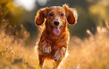 golden dog leaping through sunlit grassy field with ears flapping and tongue out, joyful energy and warm golden backlight