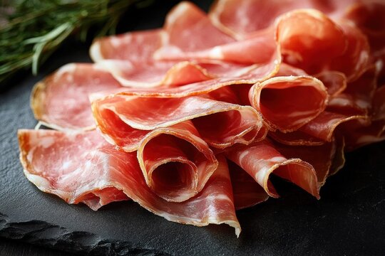 Thin folded slices of cured ham arranged on dark slate with rosemary, mouthwatering rustic charcuterie presentation