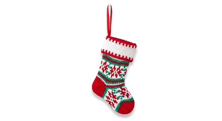 A beautifully knitted Christmas stocking, adorned with a vibrant red, white, and green snowflake pattern, hangs, symbolizing the joyful anticipation of holiday gifts.