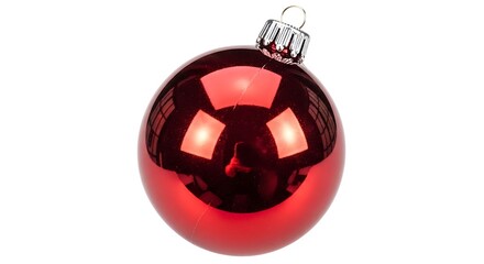 A vibrant, reflective red Christmas ornament, perfectly isolated against a clean white background, symbolizes festive holiday cheer and seasonal decoration.
