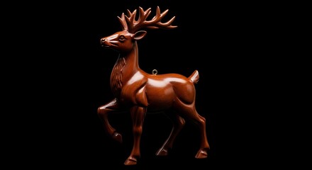An elegant brown deer figurine, crafted from wood or ceramic, stands against a stark black background, embodying festive holiday tradition and Christmas spirit.