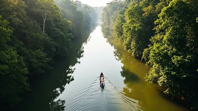Peaceful river journey, serene canoe ride through lush green rainforest trees