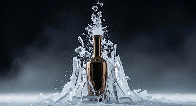 Champagne bottle exploding with ice and water in dramatic scene.