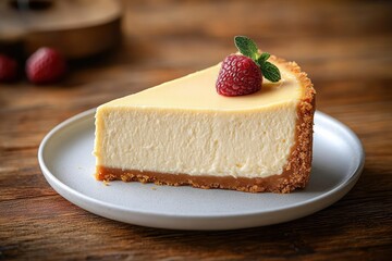 Creamy slice of classic cheesecake with golden graham crust topped with a fresh raspberry and mint on a ceramic plate, inviting and indulgent