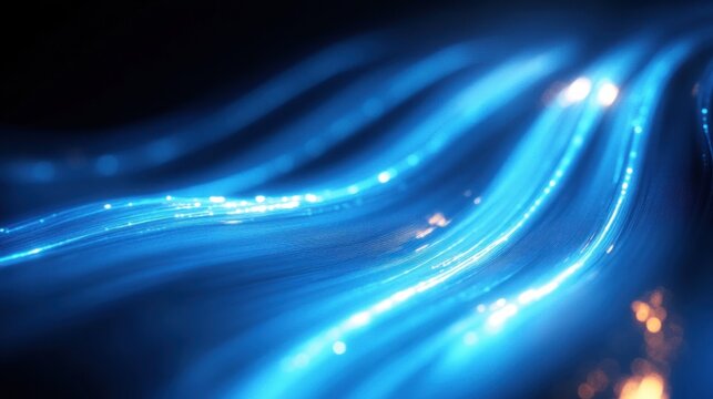 Flowing blue luminous light streaks and sparkling particles on a dark background conveying serene futuristic energy - Powered by Adobe