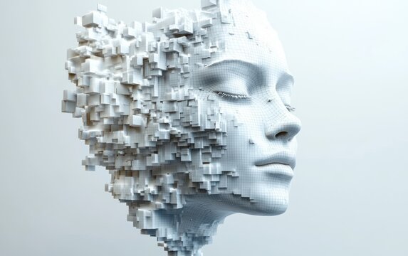 suspended fragmented cube mass forming a floating abstract geometric island in monochrome, evoking calm futuristic minimalism and quiet isolation