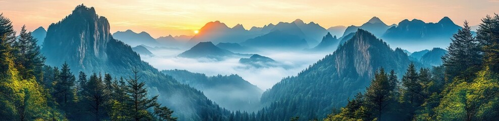 Sunrise over mist-filled mountain valleys with jagged peaks, rocky cliffs and evergreen forest under a soft pastel sky, evoking serene and majestic calm