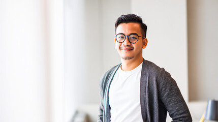 happy young Asian man in glasses standing in a modern office. Confident creative professional or startup employee looking at camera with a smile.