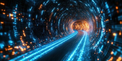 Glowing blue and orange digital tunnel with a luminous data-lined pathway curving into a bright vortex, evoking speed, awe, and futuristic motion