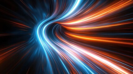 Curving blue and orange neon light streaks forming a glowing tunnel, conveying high-speed motion and futuristic energy