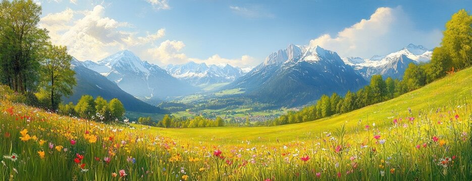 Sunlit alpine meadow of colorful wildflowers and green rolling hills opening to a valley with trees and a distant snow-capped mountain range under a bright blue sky, serene and uplifting - Powered by Adobe